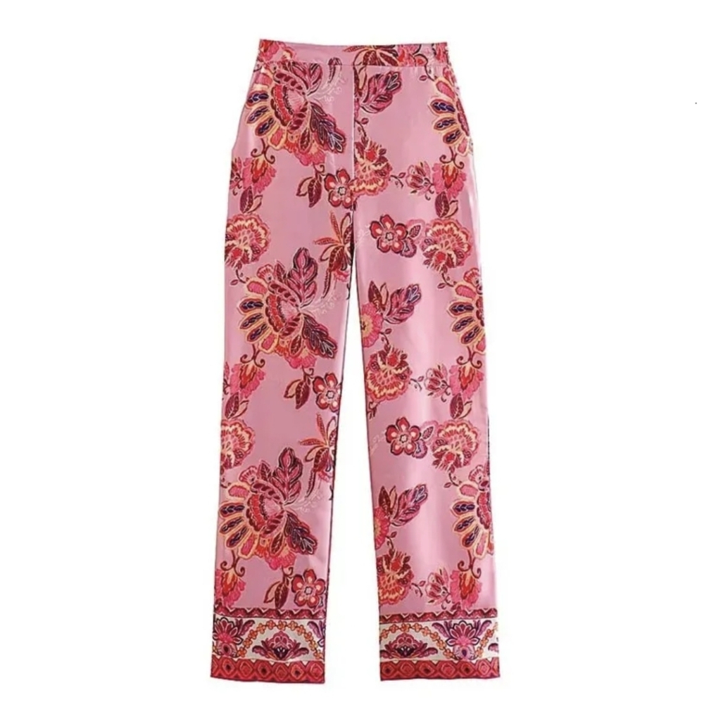 ZARA Pink Satin Ankle Length Pants S Womens Multicolor Floral Trousers